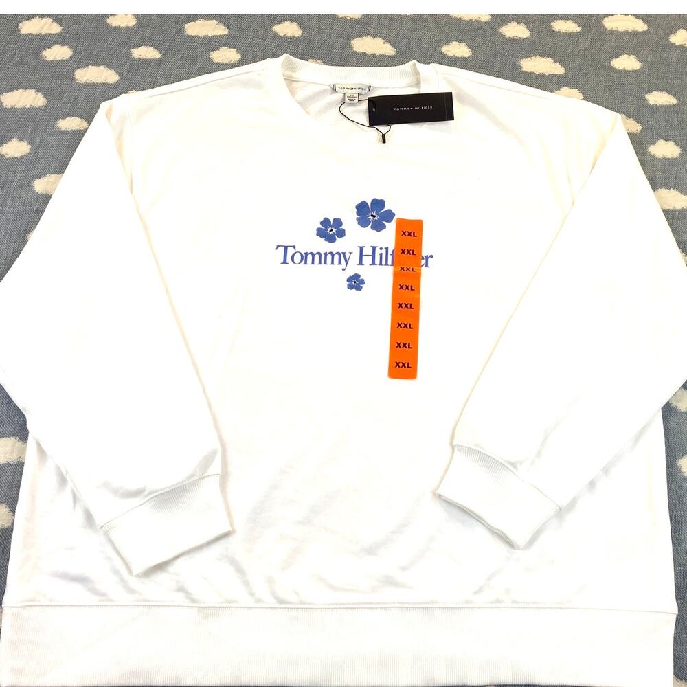 Tommy Hilfiger 2XL Sweatshirt White/Blue Flowers & Logo NWT